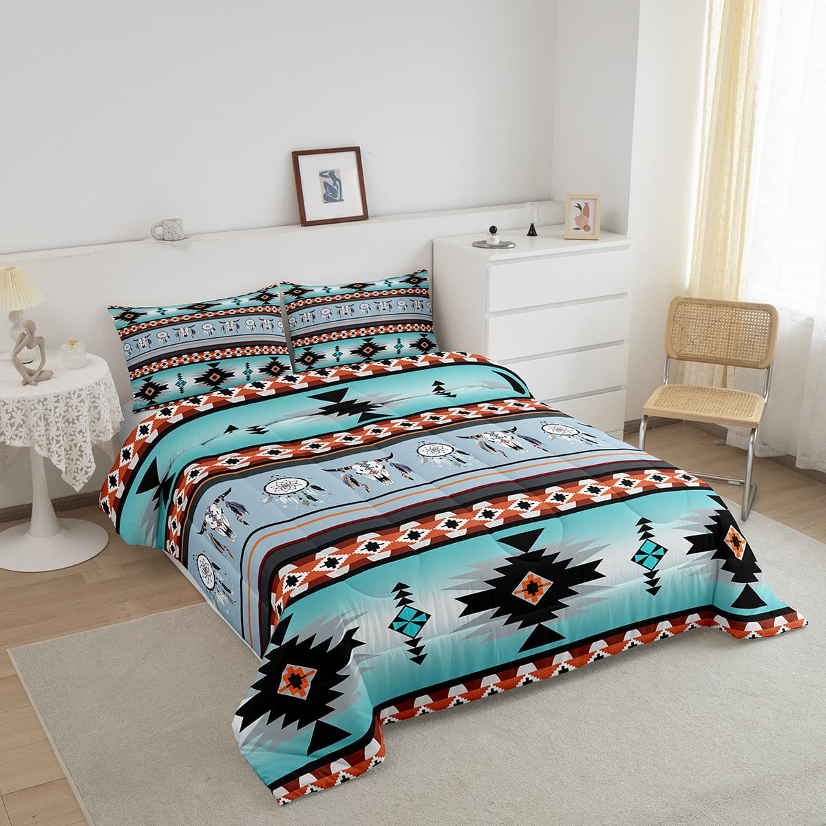 Azteken-Bettwäschen-Set King Size – Südwestliches Design Mit Bullenschädel & Traumfänger