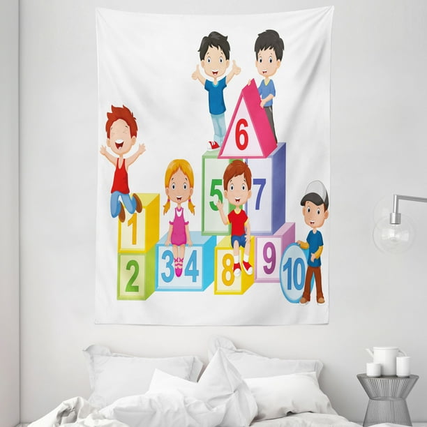 Educational Tapestry Happy Kids Boys And Girls With Number Blocks Triangle Rectangle Square Wall Hanging For Bedroom Living Room Dorm Decor 60w X 80l Inches Multicolor By Ambesonne Com Bedroom Living Room Dorm Decor 60w, Educational Room Decor