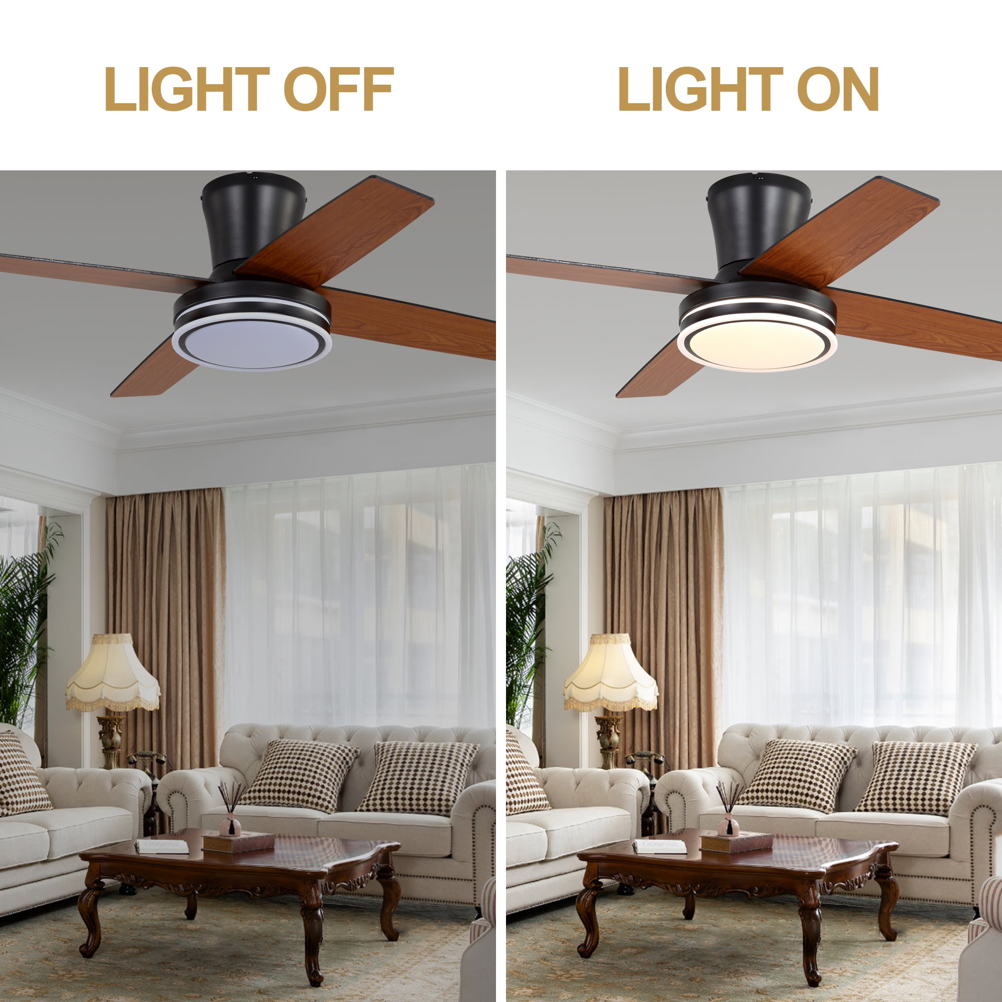 Chords Attic 44" Flush Mount Ceiling Fan with LED Light and Remote Control, 6-Speed DC Motor, 3 Color Temperatures, Reversible for Bedroom, Living Room and Dining Room
