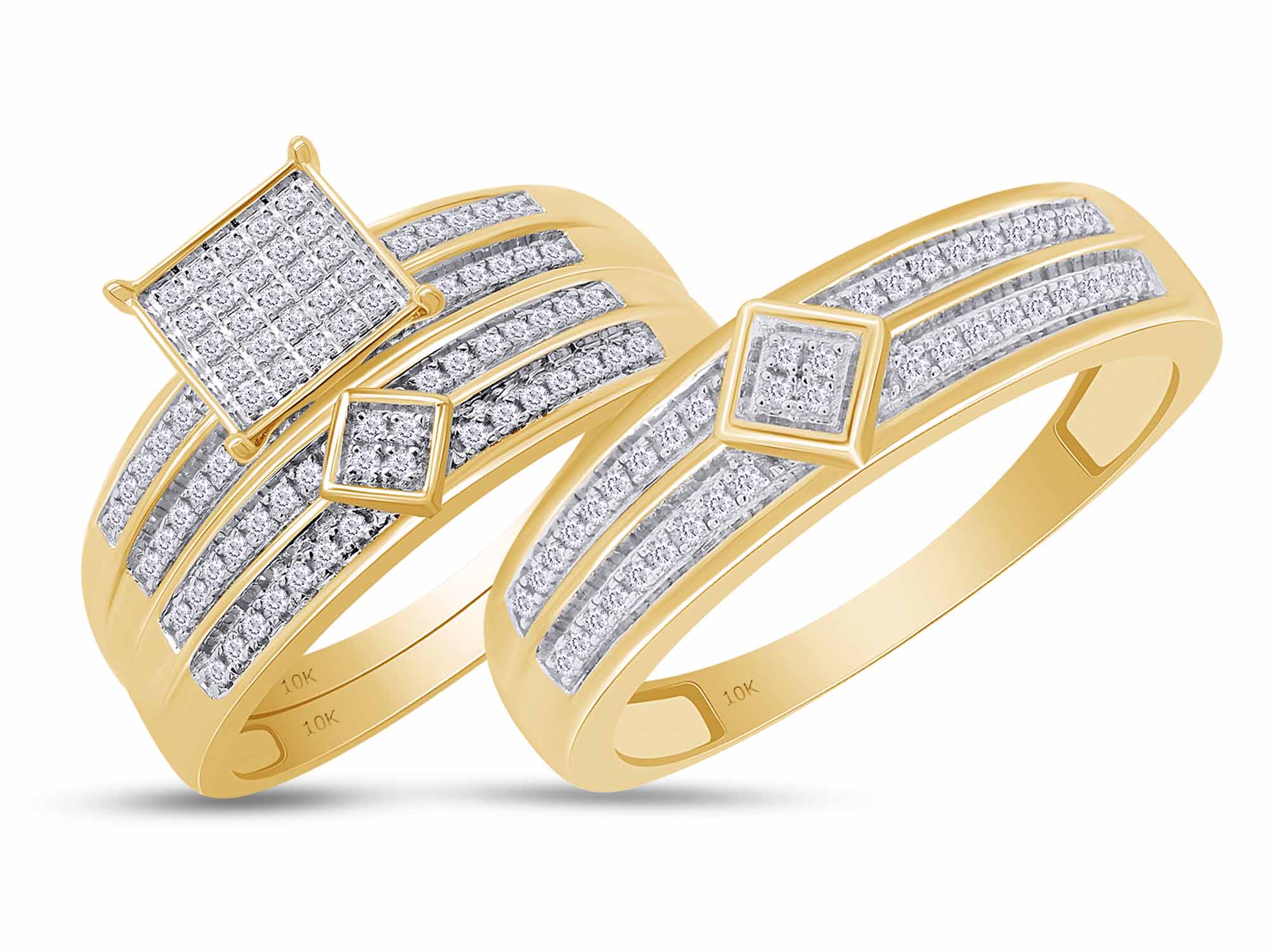AFFY White Natural Diamond Wedding & Engagement Trio Band Ring Set In 10k Yellow Gold (0.43 Cttw), Ring Size - 9.5