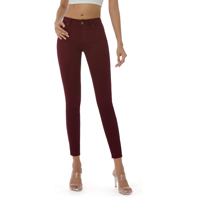 Jeans elásticos ajustados de tiro medio de color con bolsillo real de 98 % algodón de color para mujer (regular y grande) Burgundy26 Plus