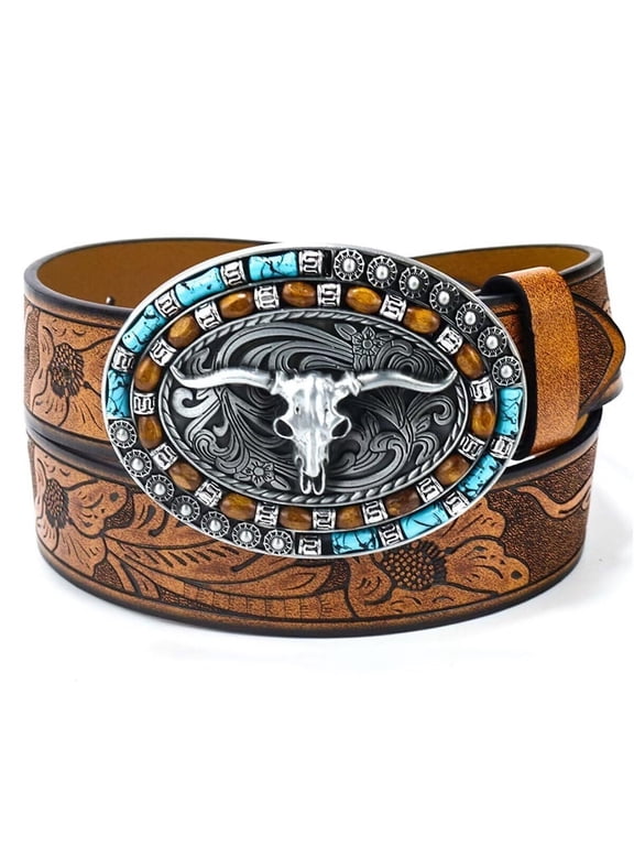 Western Belt for Women Men Cowboys Cowgirls Carving Leather Country Belts Bullhead Buckles