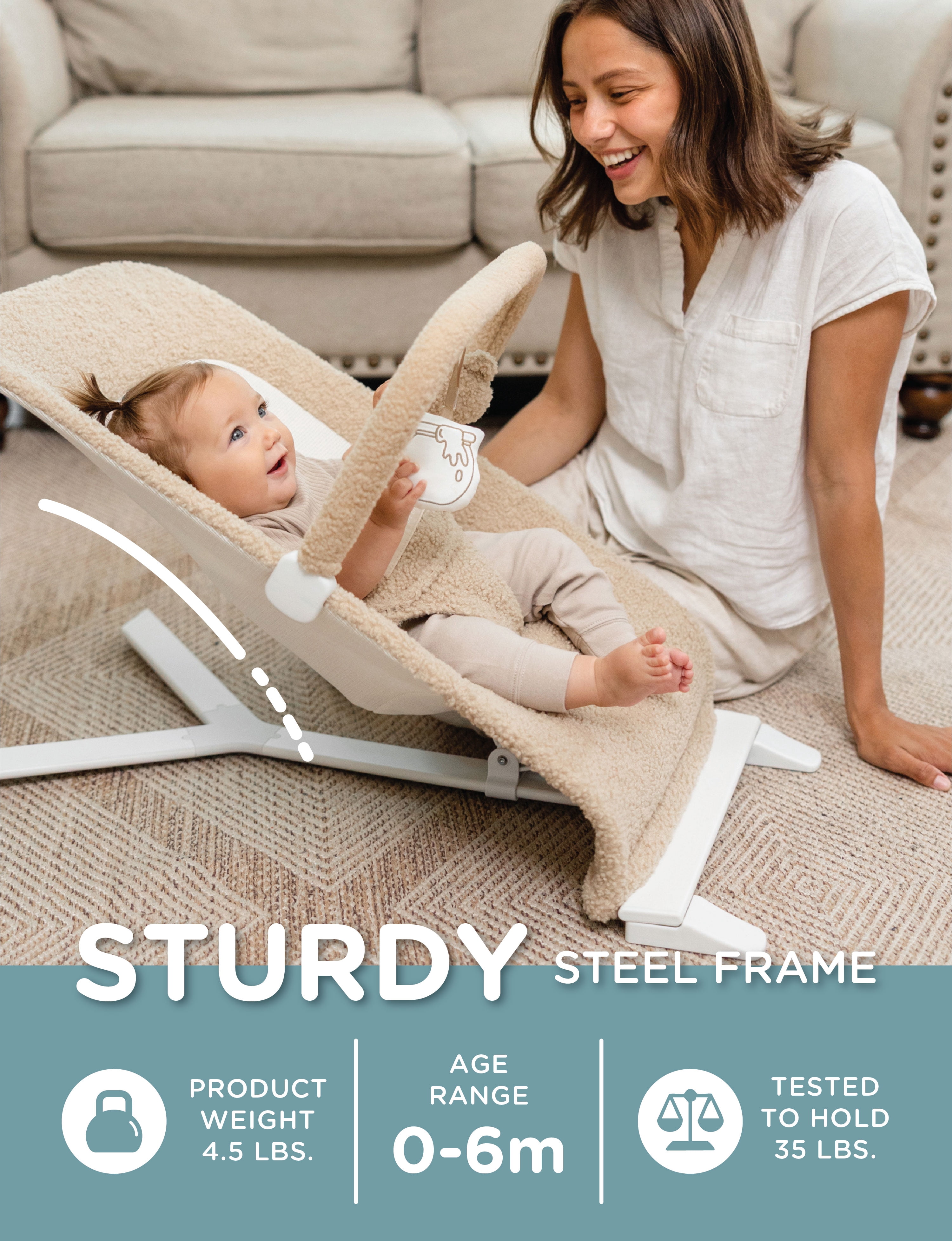 Baby Delight Alpine Portable Baby Bouncer, Tan Sherpa, Plush & Lightweight with 3 Recline Positions, Tan Sherpa