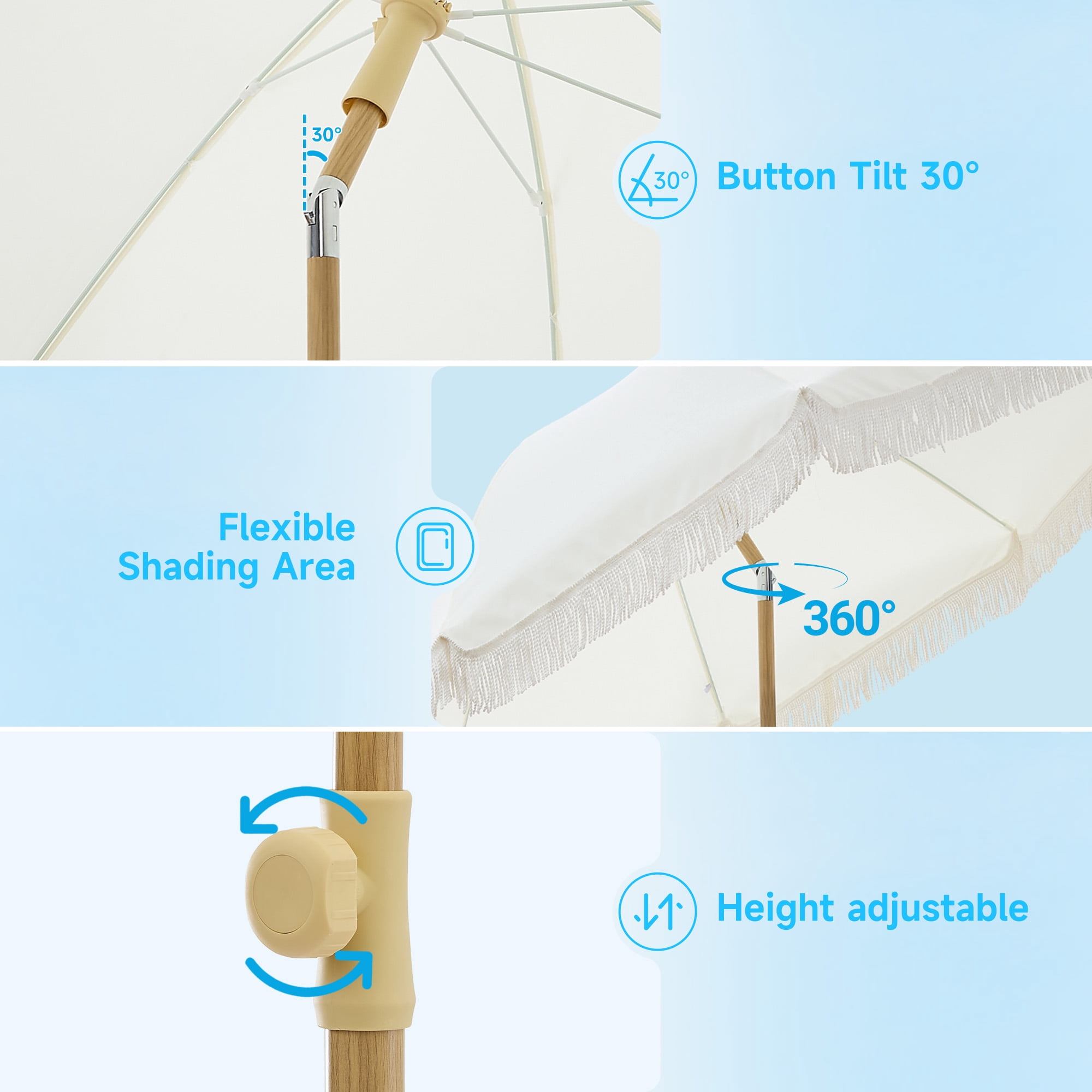 7FT Boho Patio Umbrella with Fringe, UPF50+ Outdoor Umbrella with Fiberglass Ribs and Push Button Tilt, Tassels Umbrella for Beach, Terrace, Picnic