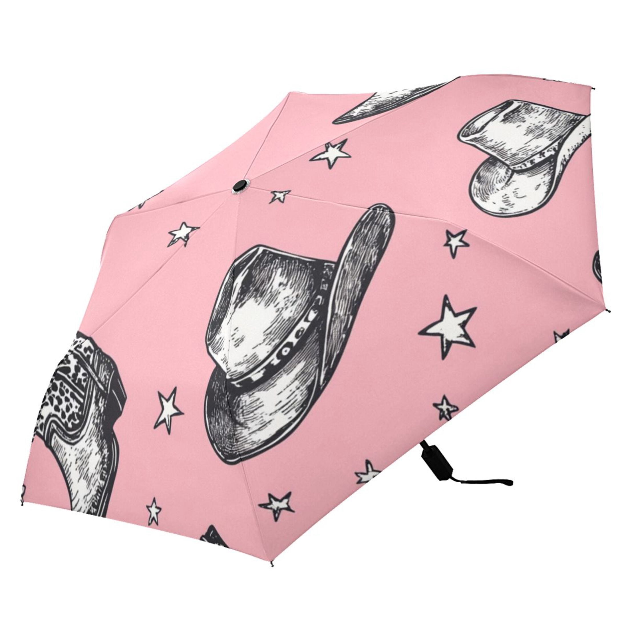 Cowboy Hats Boots Stars All Weather Umbrella Triple Folding Parasol 6 Ribs UV Protection Portable