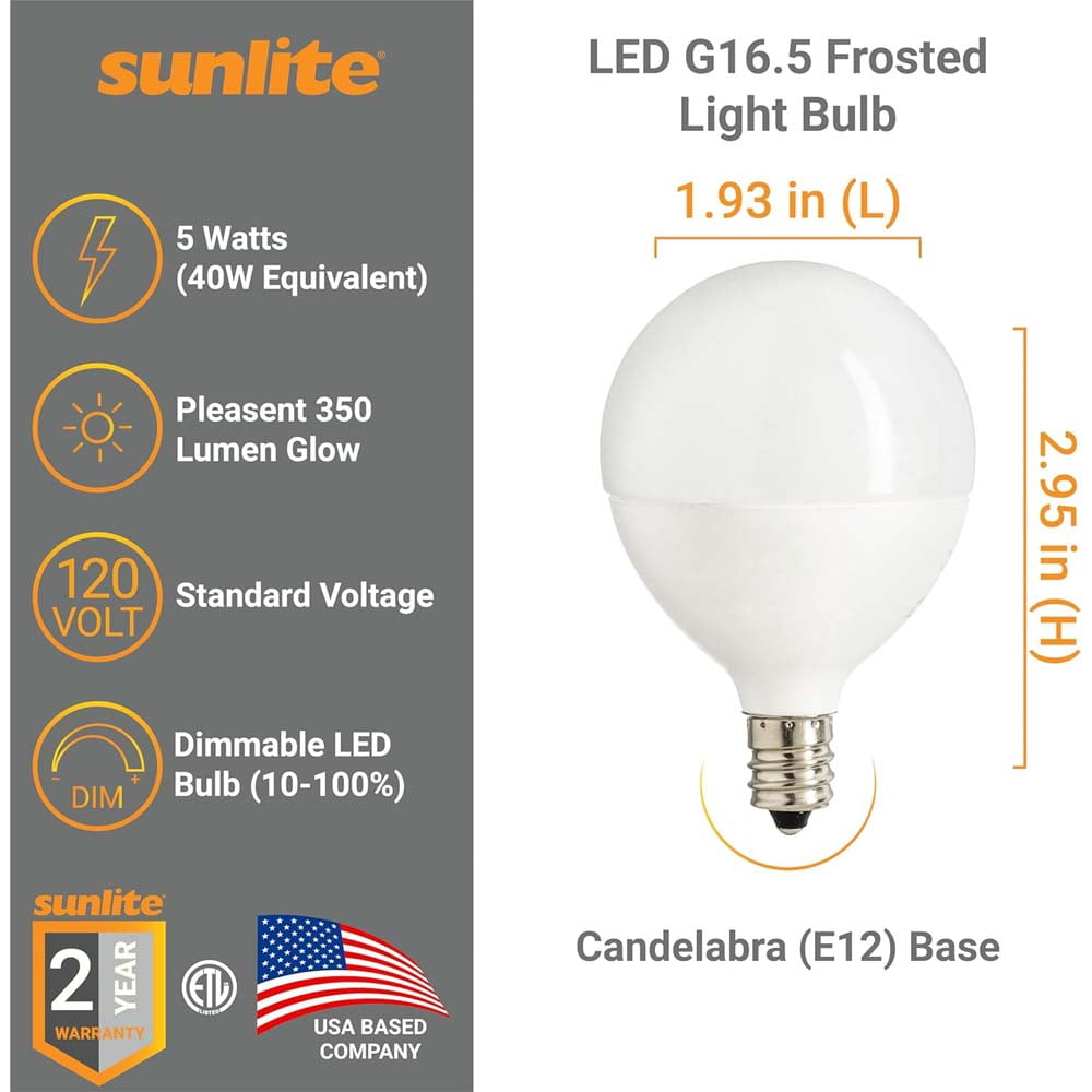 Sunlite G16.5 Light Bulb, LED, 5W (40W Equiv.), 350 Lumens, Dimmable, E12 Base, 3000K, Frosted, 6 Ct, ETL