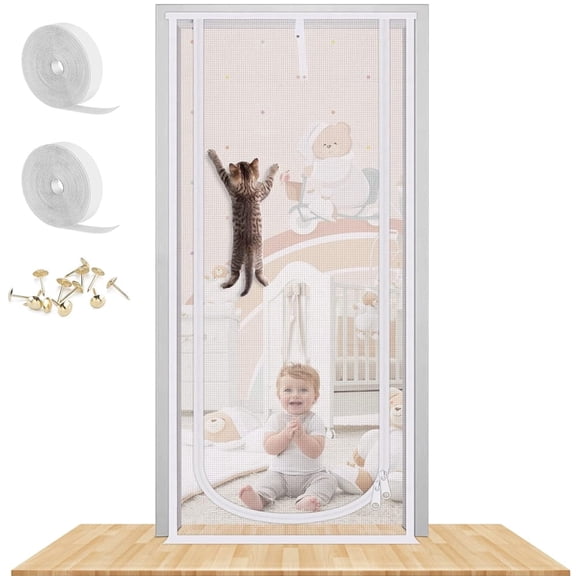 Reinforced Cat Screen Door, 31.5 in X 82.7 in Heavy Duty Pets Proof Screen Door with Bilateral Zipper, Prevent Dogs Cats Running Out from Home, Bedroom, Living Room, Kitchen Patio Door