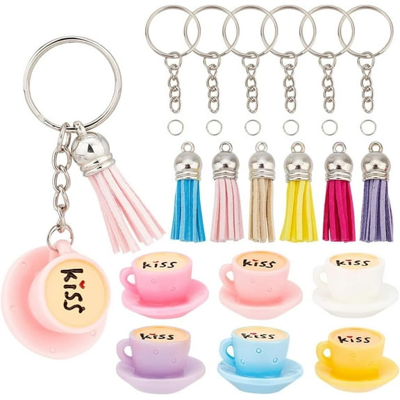 24Pcs/6 Sets Round Tea Cups Keychain Kit Resin Keychain Making Kit Love Coffee Cup Keychain Accessories Coffee Cup Pendants with Tassels Keychain Rings for DIY Keychain Jewelry Making Mixed Color