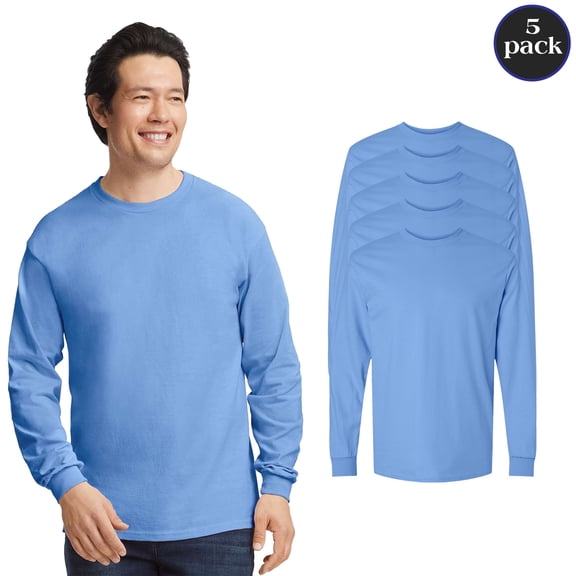 Gildan Men Ultra Cotton Long Sleeve T-Shirt, Crewneck Rib collar Casual Tee, Carolina Blue, 5-Pack, S