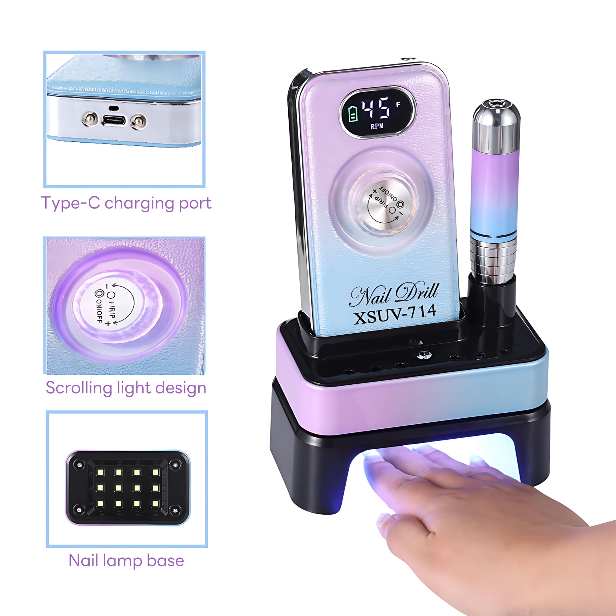 INSMART 45000 RPM Nail Drill Machine, 2-in-1 Professional Nail File & LED Lamp, Rechargeable for Acrylic Gel Nails Home Salon Use