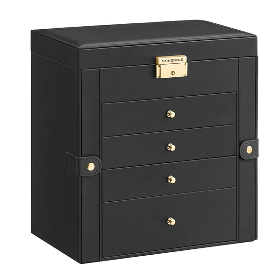 SONGMICS 5-Tier Jewelry Box Organizer with 4 Drawers, Lockable Jewelry Storage Case with Mirror, Necklace Hooks, Watch Storage, Ink Black
