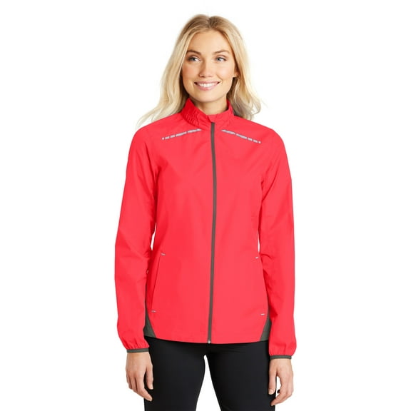 Port Authority Ladies Zephyr Reflective Hit Full Zip Jacket-L (Hot Coral/ Grey Steel)
