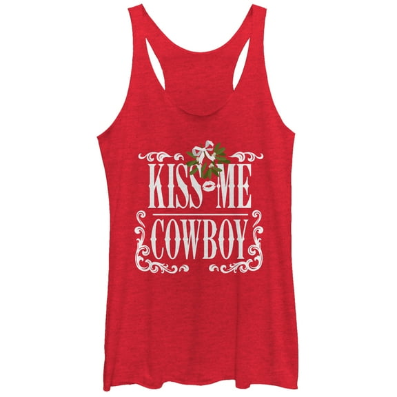 Women's Lost Gods Christmas Kiss Me Cowboy Racerback Tank Top Red Heather 2X Large