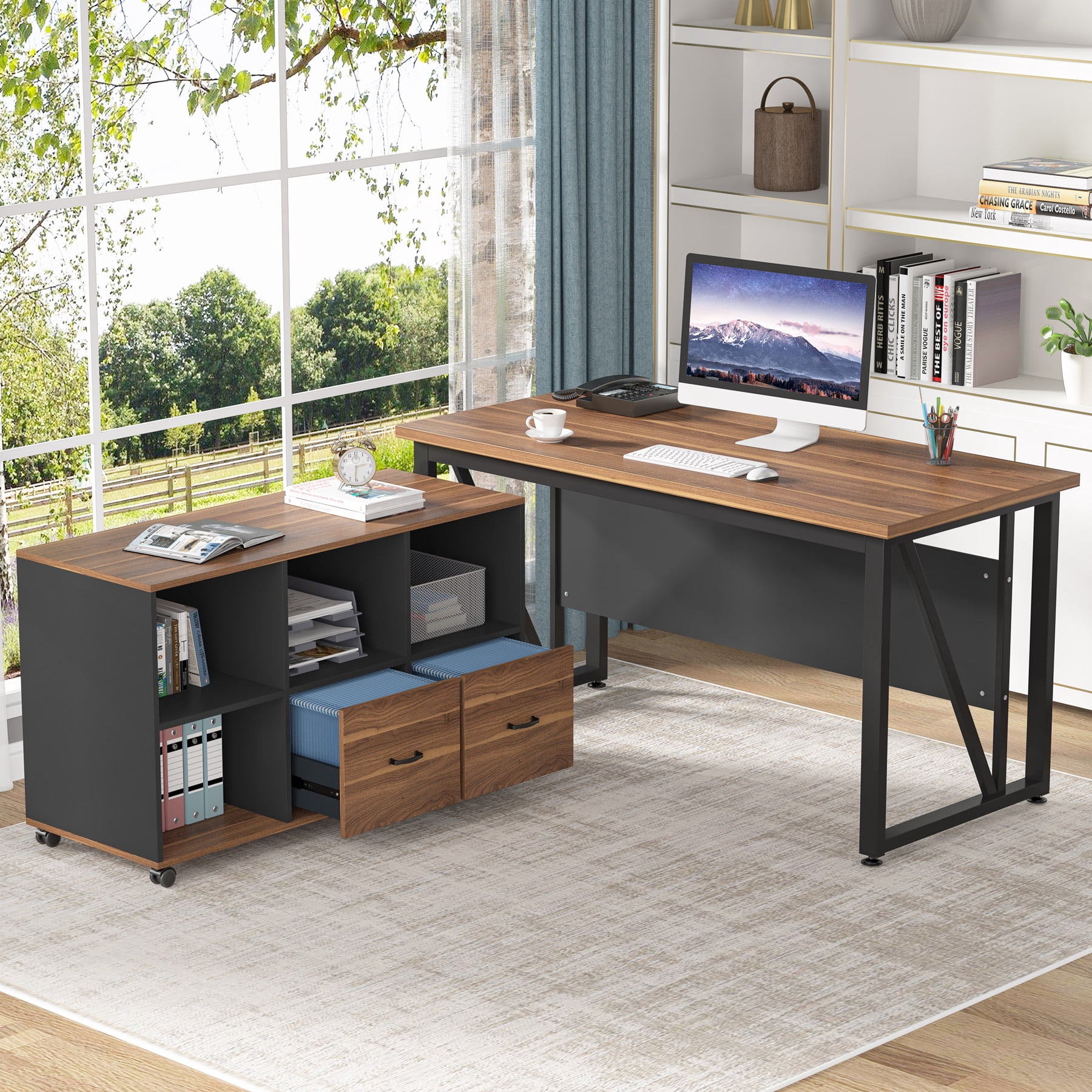 55-Inch Executive Computer Desk with 43-Inch Lateral File Cabinet