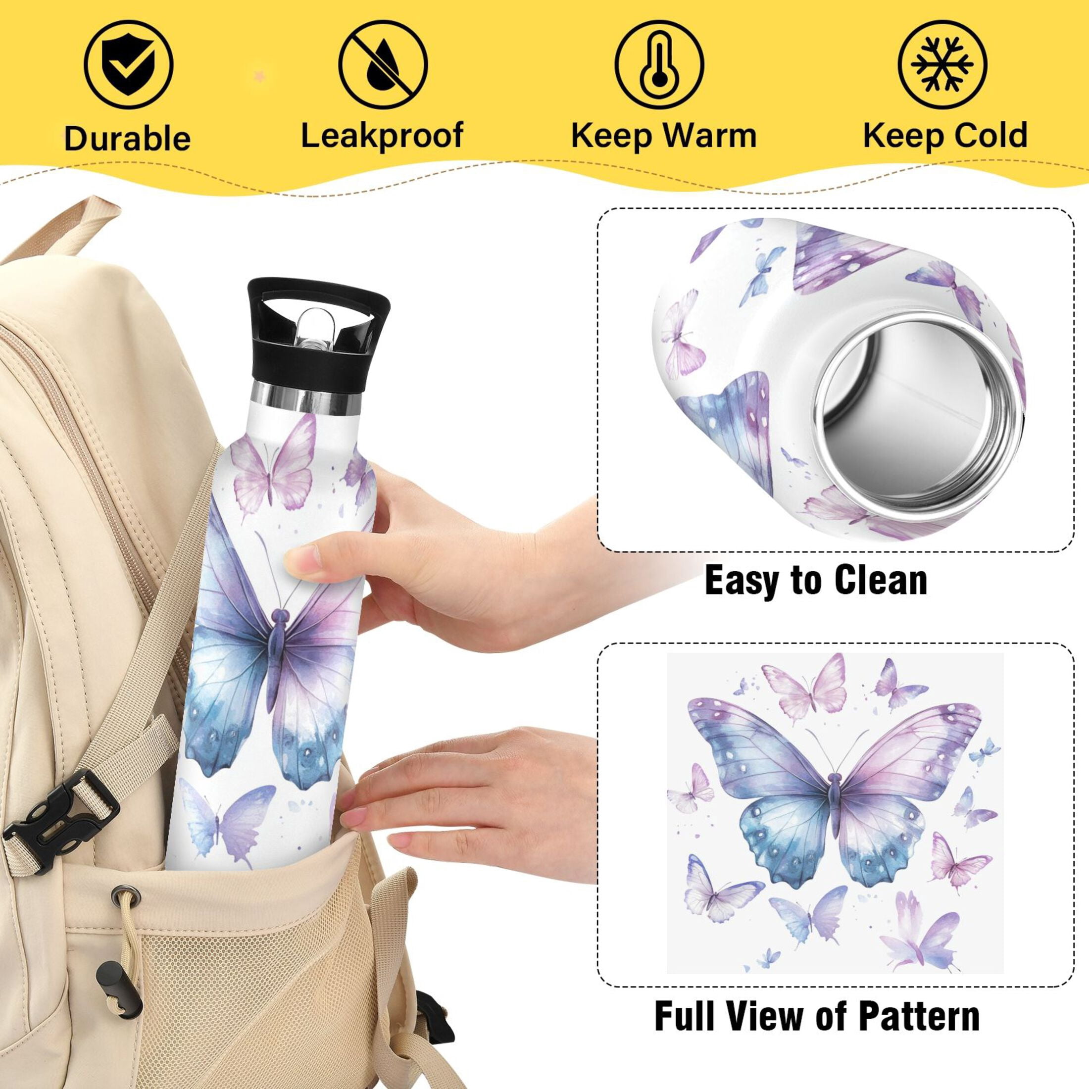 Kids Insulated Stainless Steel Sports Water Bottle 600ml (20oz) A Flock Of Butterflies