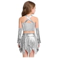 thumbnail image 5 of SiiRoh Girls 3Pcs Hip Hop Street Dance Outfits Cross Keyhole Sequins Metallic Crop Top+Skirt+Gloves Disco Dancewear Silver 12, 5 of 6