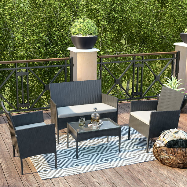 Finefind 4 Piece Patio Furniture Sets Rattan Wicker Outdoor Conversation Set Pool Backyard Lawn Use Black With Beige Cushions Com - Cube 4 Seater Rattan Effect Patio Set Black 459