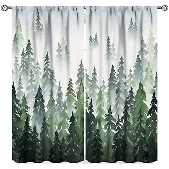 Nature Forest Blackout Curtains Misty Forest Nature Curtains Green Fog Magic Woodland Pine Tree Mountain Window Drapes for Living Room Bedroom