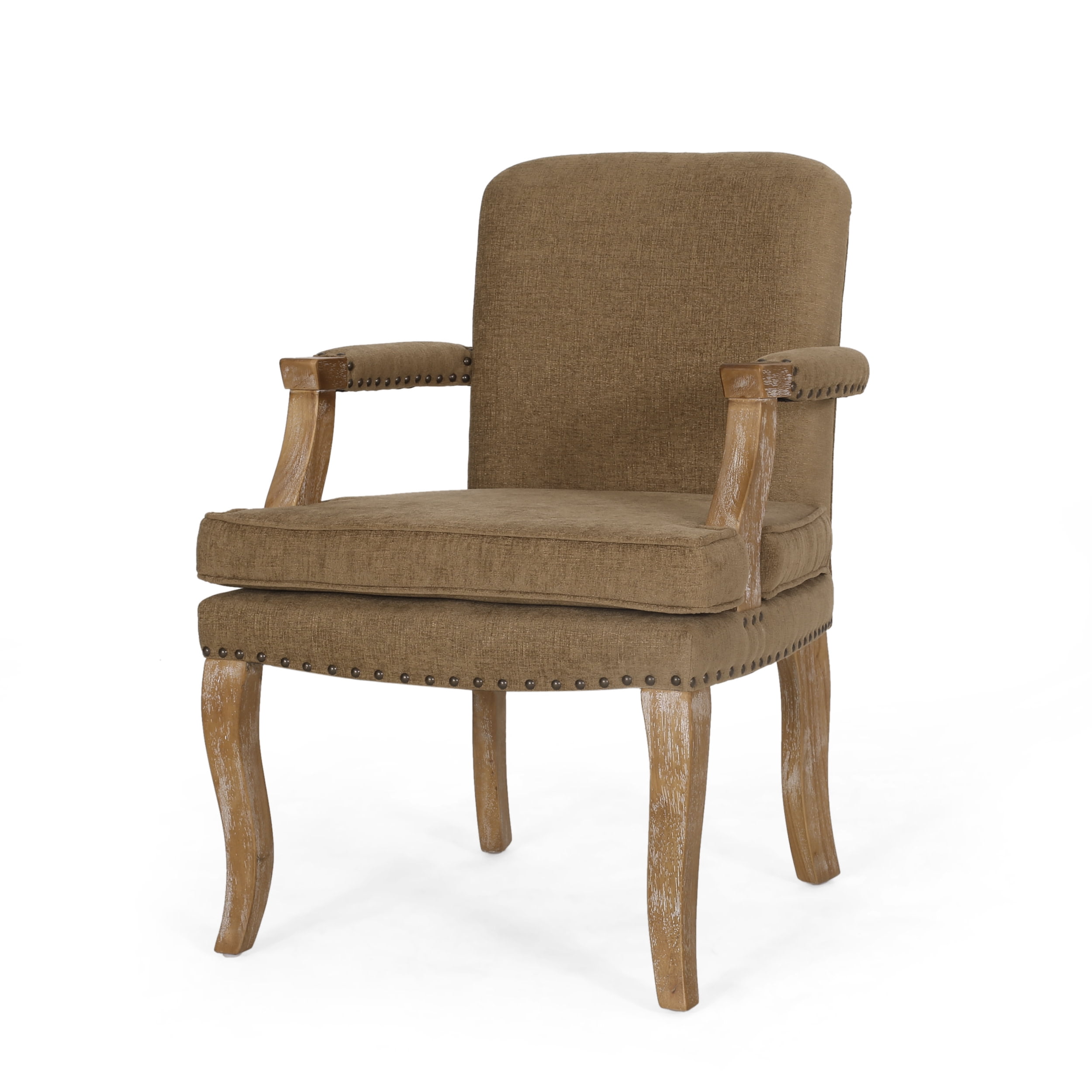 Noble House Ardson Fabric and Wood Dining Arm Chair with Nailhead Trim, Dark Beige and Natural Brown