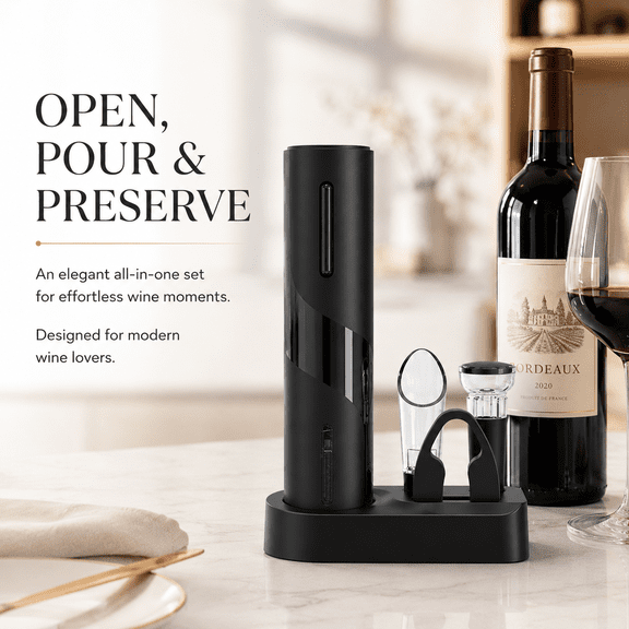 Electric Wine Opener Set with USB Rechargeable Automatic Bottle Opener, Foil Cutter, Aerator Pourer and Vacuum Stopper, 4-in-1 Wine Accessories