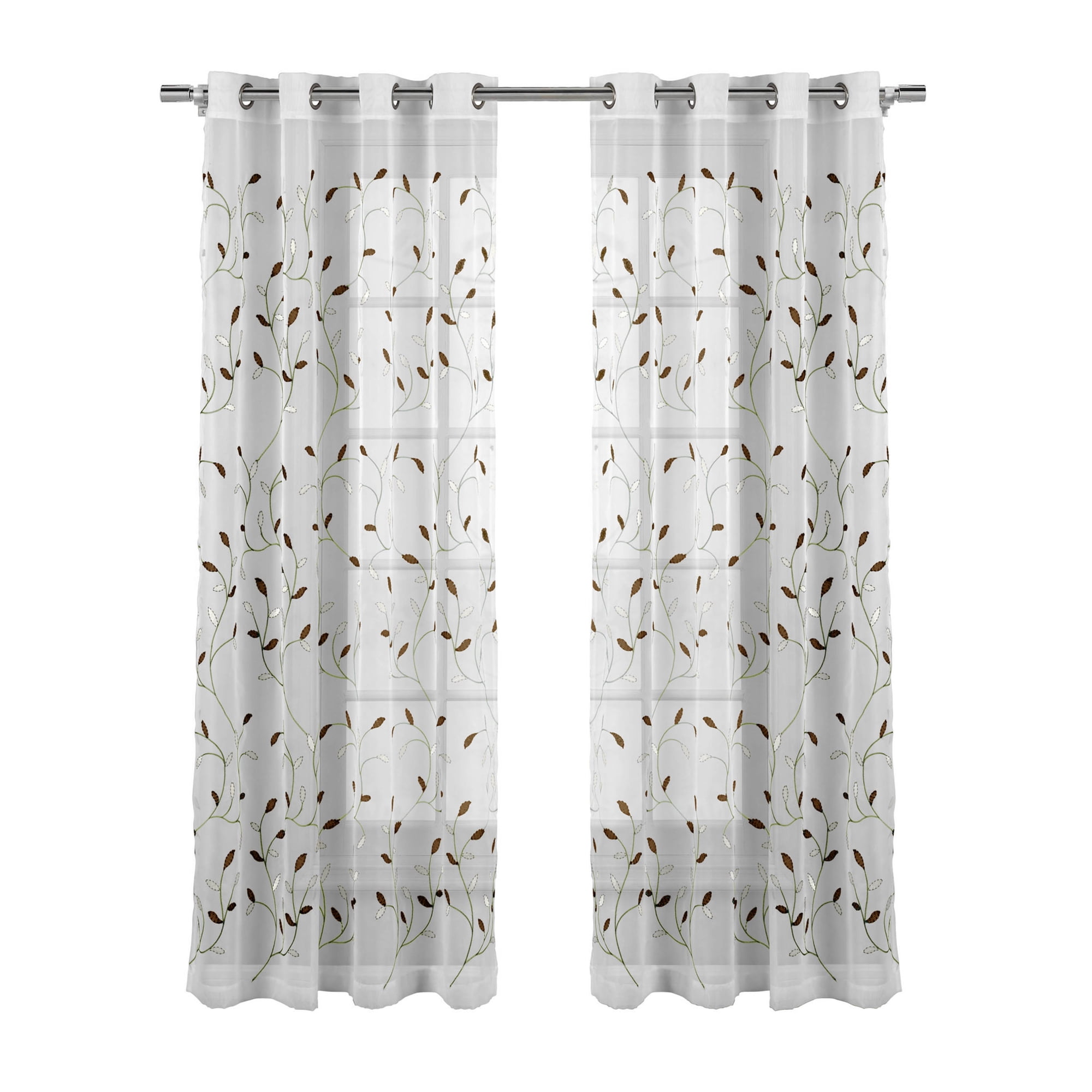 Creative Home Ideas Grommet Curtain Panel Embroidered Sheer Extra-Wide Brown 54 x 63