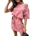 thumbnail image 2 of Zeus Women Stylish Solid Color Halter One Shoulder Short Sleeve Waist Belt Mini Dress, 2 of 7