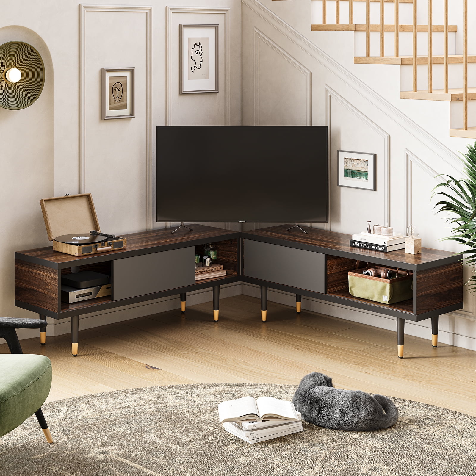 Bestier 80 inch Mid Century Modern TV Stand, 2 in 1 Reversible Entertainment Center with Storage and Sliding Doors, Ancona Walnut