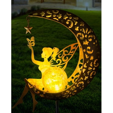 MEHOOM 32" Moon Fairy Solar Garden Lights, Decorative Solar Lights for Outside, Solar Powered Outdoor Lights, Outdoor Solar Lights for Walkway Yard Pathway Decor for Christmas Decorations