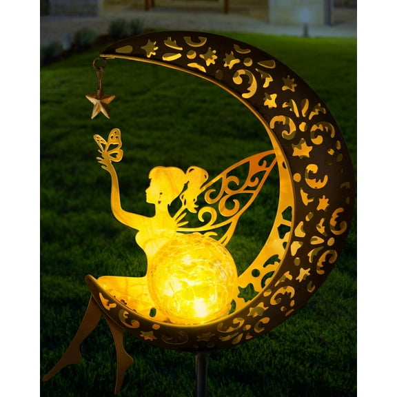 MEHOOM 32" Moon Fairy Solar Garden Lights, Decorative Solar Lights for Outside, Solar Powered Outdoor Lights, Outdoor Solar Lights for Walkway Yard Pathway Decor for Christmas Decorations