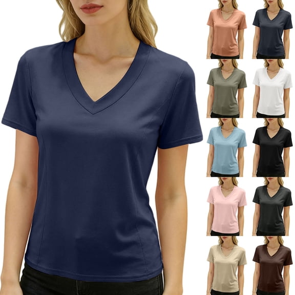 Delayuji Womens Short Sleeve Tshirt V Neck Casual T Shirts Basic Tee Classic Fit Plain Summer Crop Tops Work Wear M-6XL