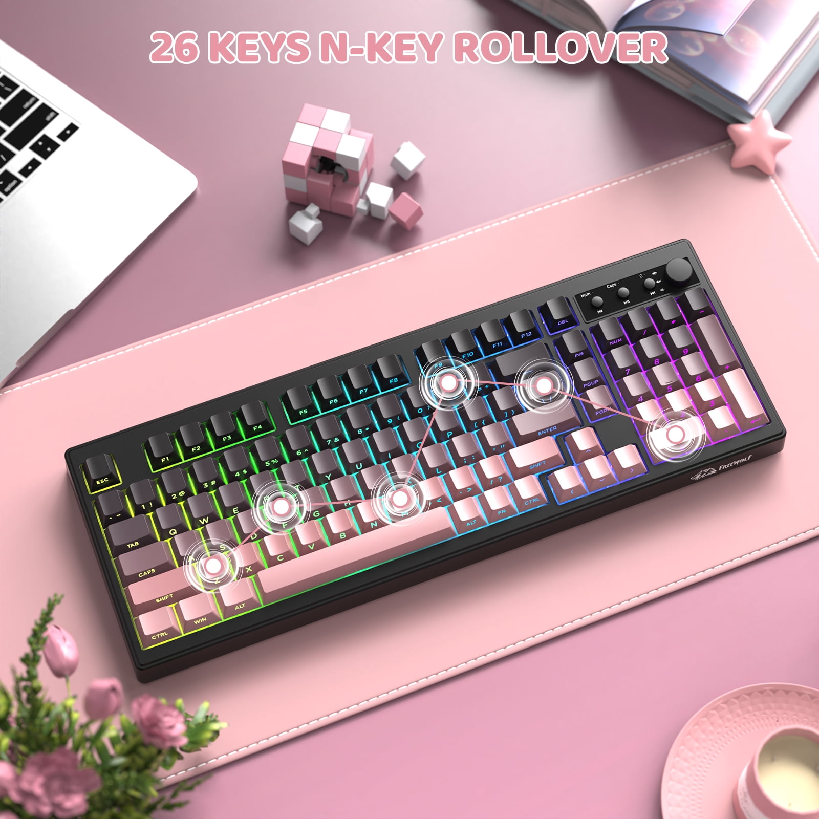 Freewolf-ZIYOULANG K100 Gaming Membrane Wireless 99 Keys Tri-Mode BT/2.4GHz/USB-C Computer Keyboard with Accessories Included, Pink