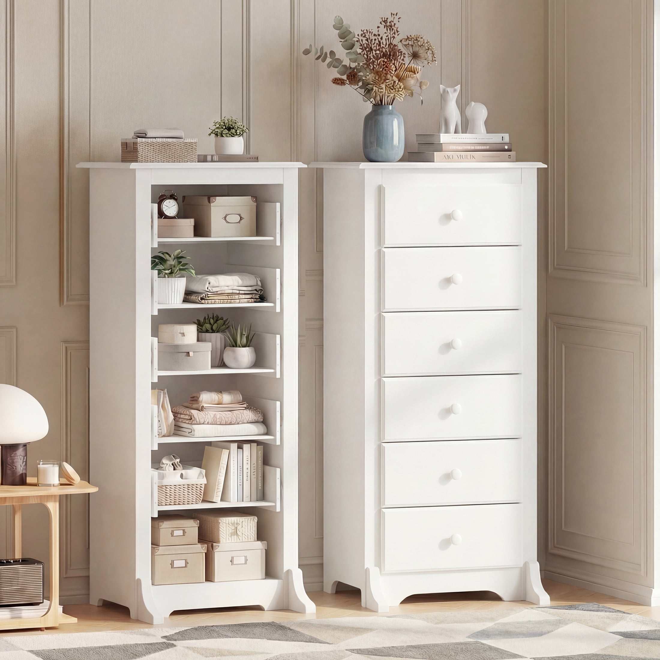 EDX 6 Drawer Wooden Dresser Chest for Bedroom, 19" x 23.25" x 52.75", Storage Cabinet for Living Room Closet, White