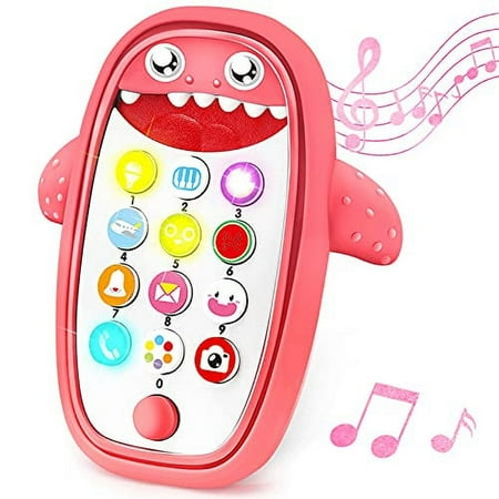 Baby Shark Cell Phone Toy with Removable Teether Case, Light up, Music & Adjustable Volume Kids Play & Learn Fake Phone for Infant & Toddler, Preschool Birthday Gift for Girl Boy 18+ Months (Red)