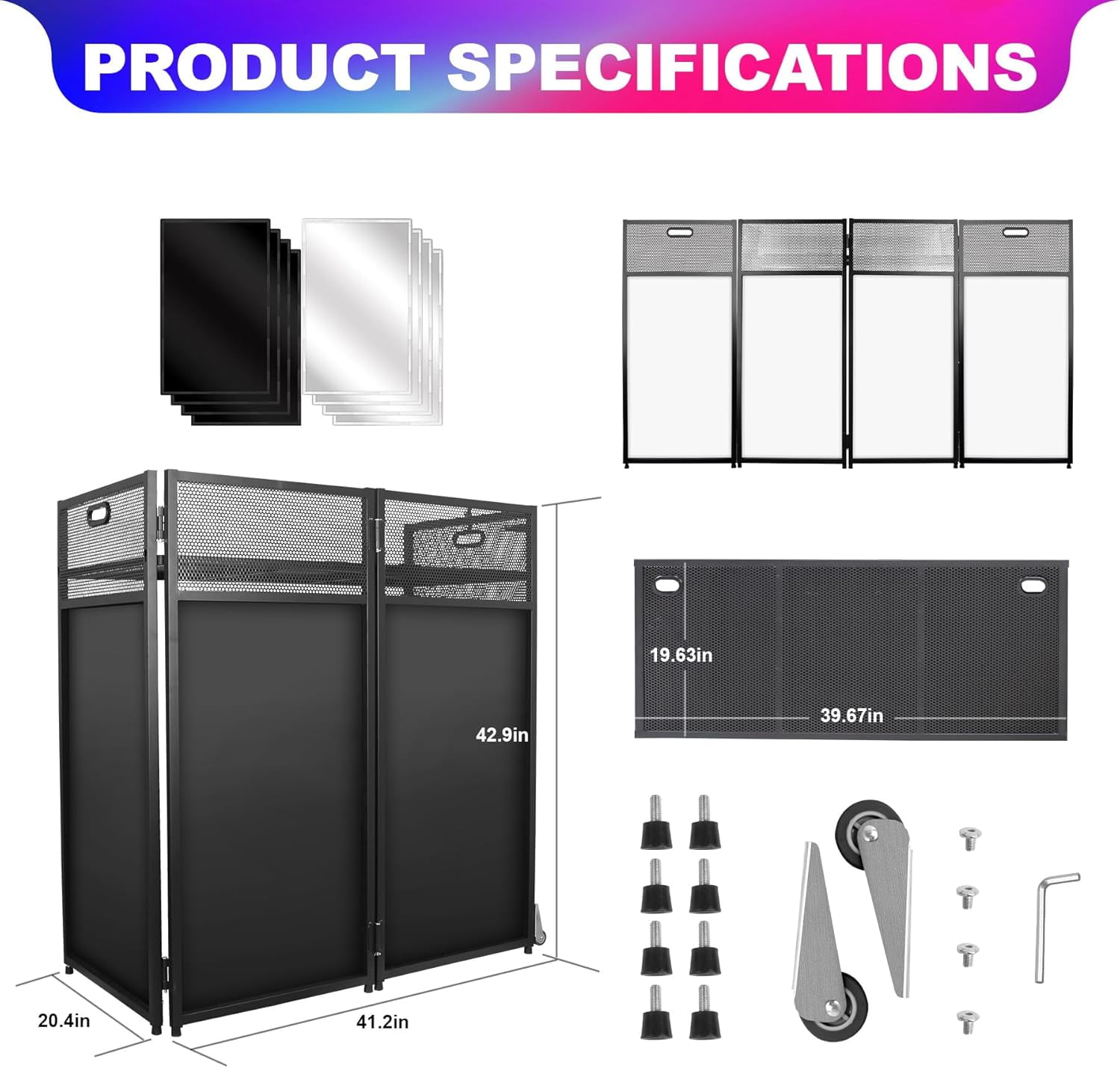 DJ Facade Booth Table 41" x 43"x 20"-Portable with Black&White Lighting Scrims Flat DJ Booth Panel-Black Metal Frame with 2 Extra Wheels for Show, Party (Black)