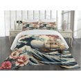 thumbnail image 2 of Ambesonne Nautical Quilted Coverlet 3 Pcs, Floral Japanese Wave Moon, Queen Size, Blue Pink Eggshell, 2 of 4