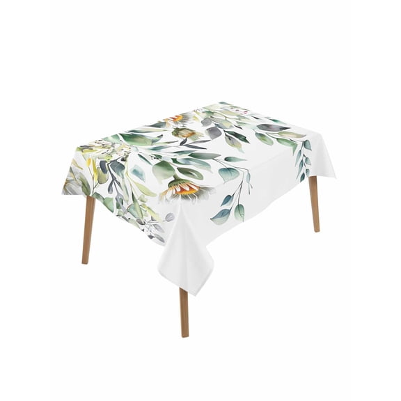 Eucalyptus Leaves Table Cloth, White Daisy Spring Floral Summer Botancial Waterproof Tablecloth for Rectangle Tables, Washable Fabric Table Cover for Restaurant Kitchen Dining Tables 60"x102"