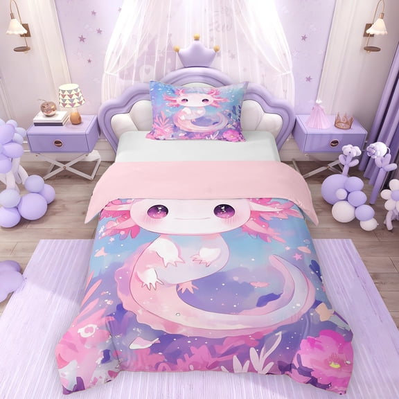 Erosebridal Cartoon Axolotl Twin Bedding for Kids Girls, Dreamy Underwater World Duvet Cover Set, Pink Reversible, 1 Duvet Cover and 1 Pillowcase (No Comforter)