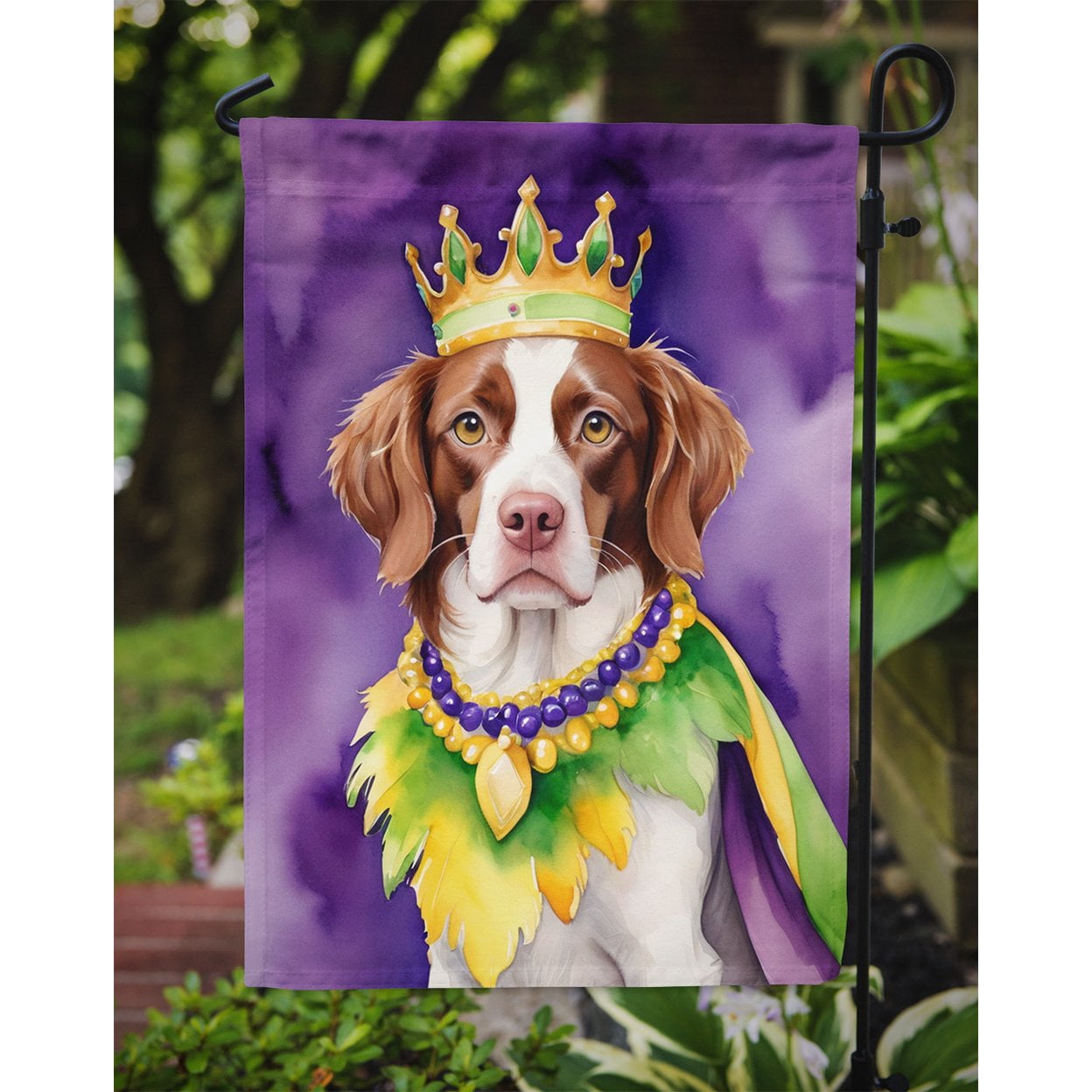 Brittany Spaniel King of Mardi Gras Garden Flag 11.25 in x 15.5 in