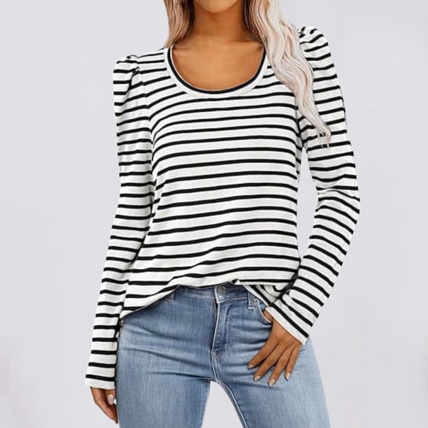 MKLEKYY Playeras Oversize Blusas De Punto De Manga Larga Abullonadas Para Mujer, Camisetas Casuales De Cuello Redondo A Rayas, Blusas De Moda 2024 Talla M