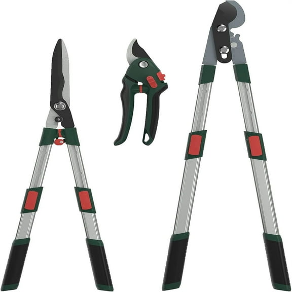 3-Piece Extendable Garden Tool Set: Bypass Lopper, Hedge Shears and Pruning Shears with Telescopic Handles