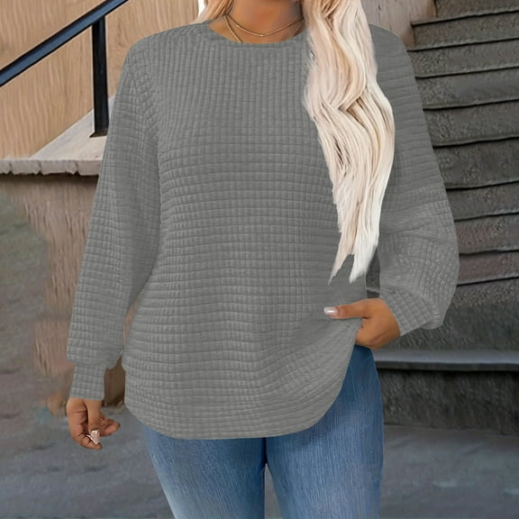 Neewe Women's Casual Waffle Long Sleeve Plus Size Color Solid Tops Crewneck Sweatshirts Loose Fit Pullover