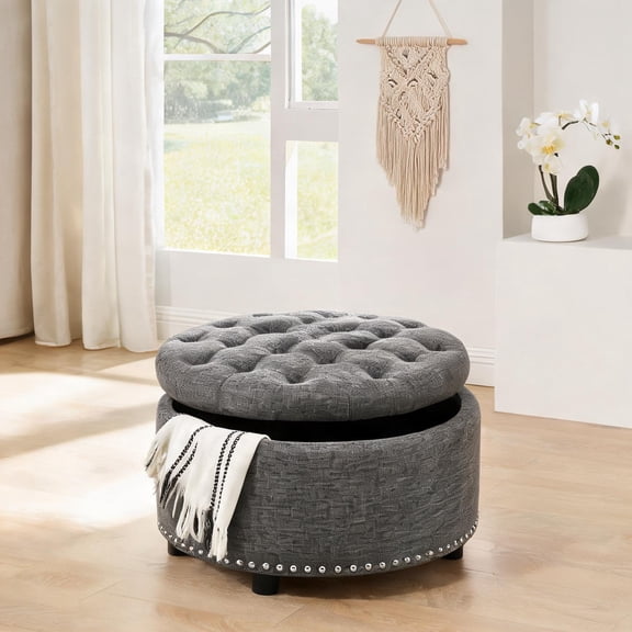 Large Square Tufted Storage Ottoman, Contemporary Transitional Linen Neutral Gray