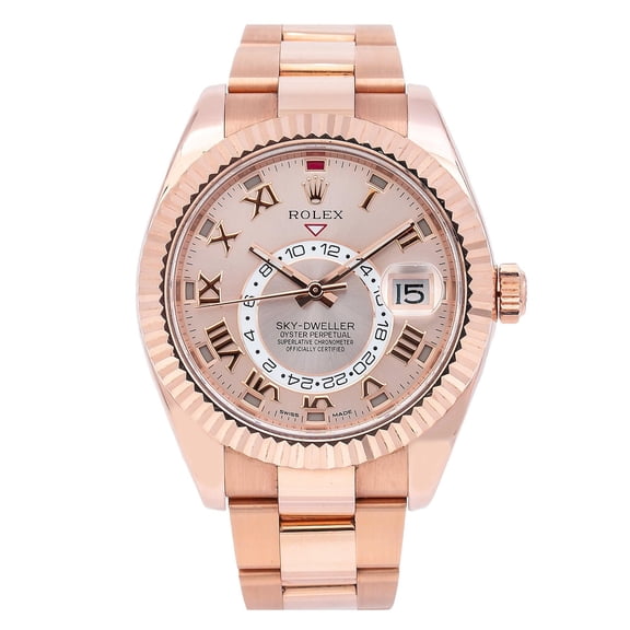 Pre-Owned Rolex Sky-Dweller 42MM 326935 Sundust Roman Dial Fluted Bezel 18K Rose Gold Oyster Bracelet