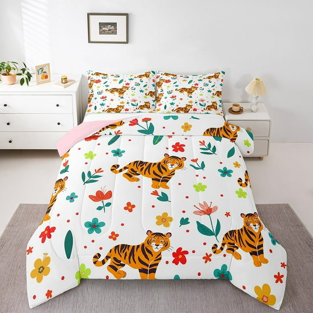 YST Tiger Bedding Comforter Sets Wild Animal Toddler Comforter Set For Boys Kids Cartoon Flower Animal Bedding, Wildlife Comforter Botanical Flower Pattern 3D Duvet Insert (Pink Reverse)