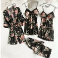 thumbnail image 3 of Bigersell Womens 5 Piece Pajama Sets with Robe Floral Print Satin Dress Lace Trim V-Neck Cami Tank Tops, Shorts, Silk Nightgown, Long Pants Pajama Set with Robe Sleepwear Loungewear Black L, 3 of 8