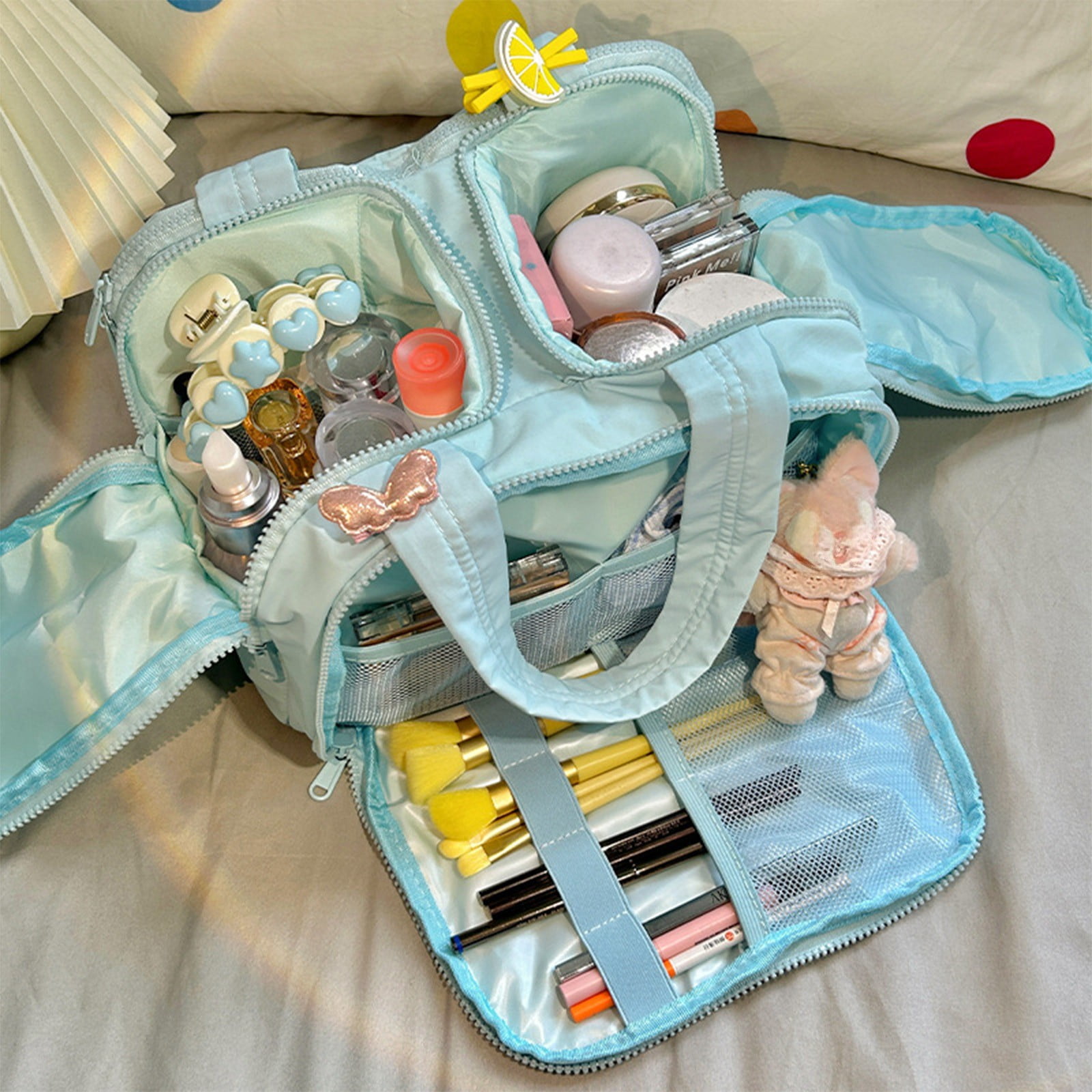 Travel Toiletry Bag, Lightweight Large Wide-Open Travel Bag for Women, Puffy Cosmetic Makeup Bag Organizer with Handle for Accessories, Essentials, Toiletries, Blue