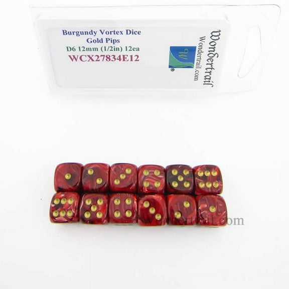 Burgundy Vortex Dice with Gold Pips 12mm (1/2in) D6 Pack of 12 Wondertrail