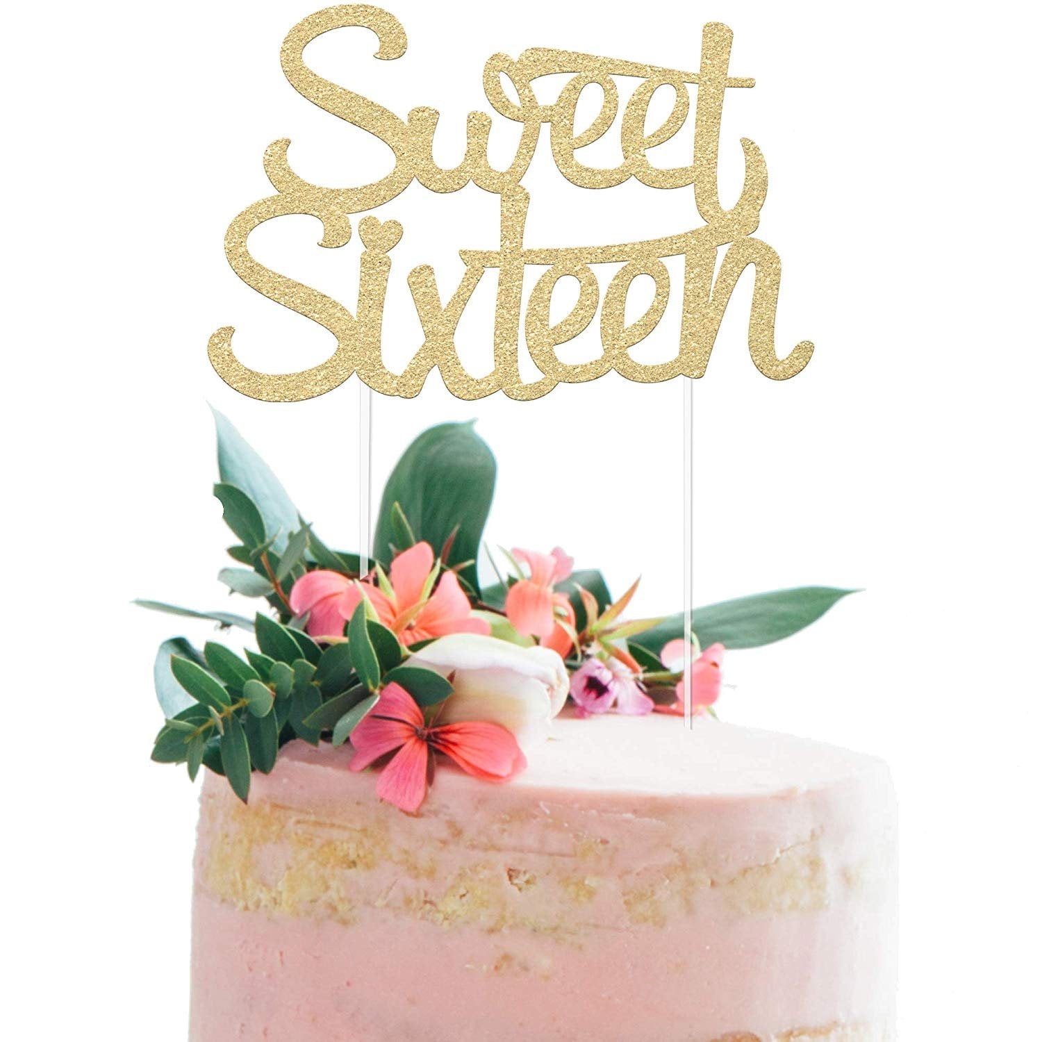 16th Cake Topper 3" Glitter Card GOLD Happy 16th Birthday 16 Sixteen Cake Decor 