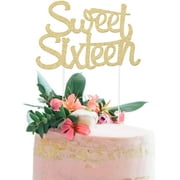 16th Birthday Cake Topper - SWEET SIXTEEN - 7" x 4.5" Double Sided Champagne Gold Glitter Cardstock - Perfect Touch for Your BDay Decorations - Food-Safe & Eco-Friendly Stand by Merry Expressions