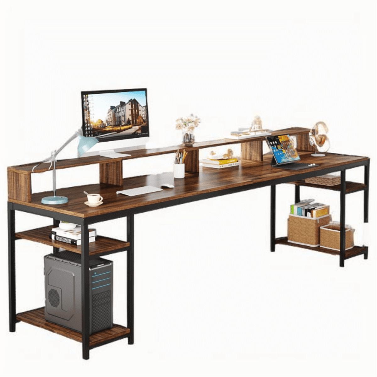 78.74" 2-Person Office Desk - Double Workstation with 4 Open Shelves, 2 Ergonomic Monitor Stands, 350lb Capacity - Rustic Brown & Black
